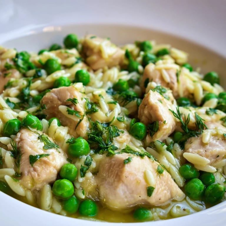 Close-up of tender chicken thighs and bright green peas mixed into a creamy orzo pasta base with a glistening lemon sauce.