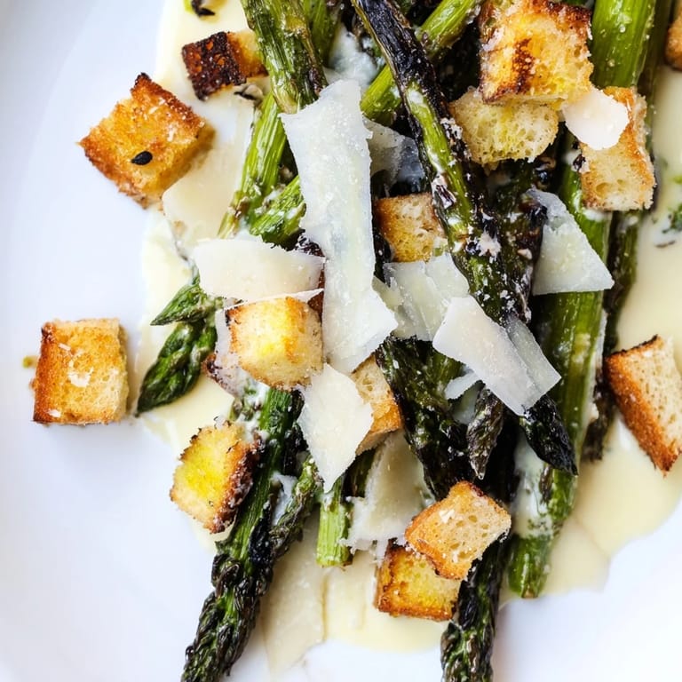 Fresh roasted asparagus Caesar salad featuring tangy yogurt dressing, homemade croutons, and shaved Parmesan garnish.