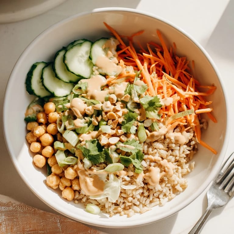 Hearty Peanut Chickpea Rice Bowl served with chickpeas, cucumber, and scallions in a ceramic bowl.