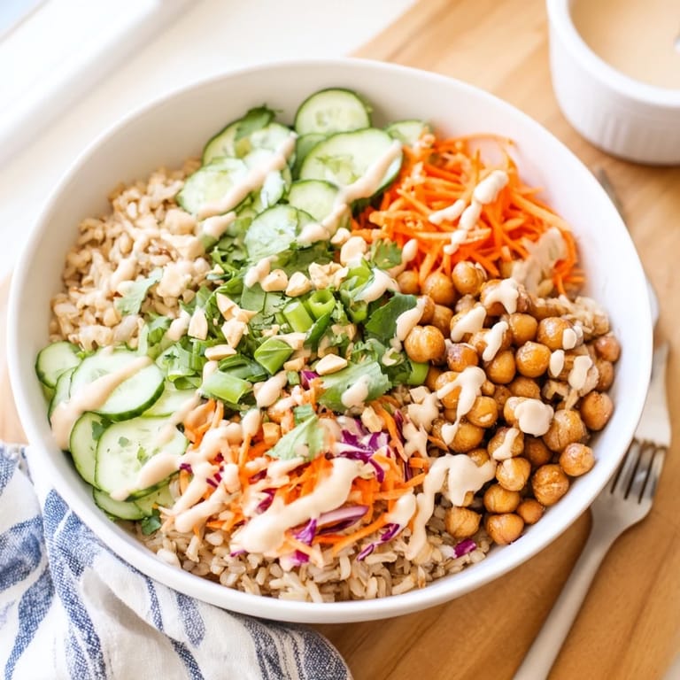 Colorful Peanut Chickpea Rice Bowl with fresh vegetables and zesty peanut dressing drizzled on top.
