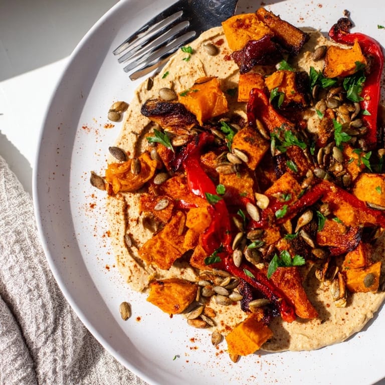 Vibrant Roast Squash and Hummus Winter Salad featuring tender bell peppers, savory squash, and a smooth hummus base for a cozy main dish.