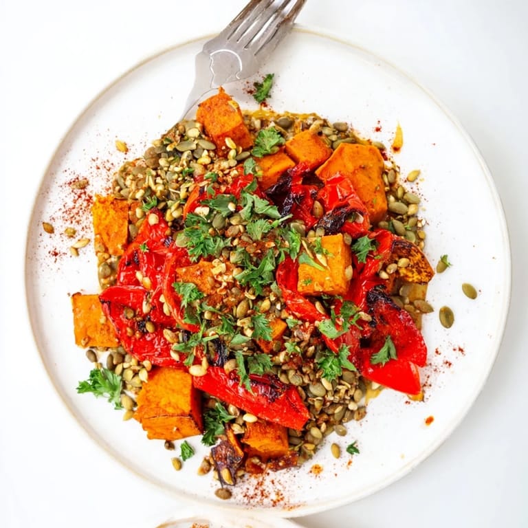 A nourishing bowl of Roast Squash and Hummus Winter Salad topped with crunchy mixed seeds and a dusting of smoked paprika.