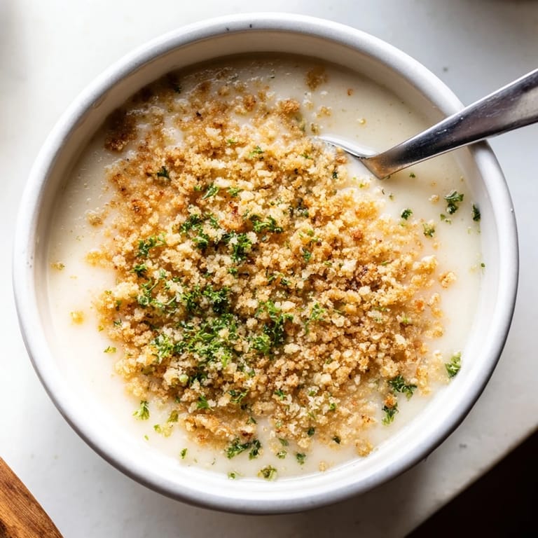 A bowl of creamy vegetarian soup featuring velvety celeriac and crunchy toasted hazelnut topping.