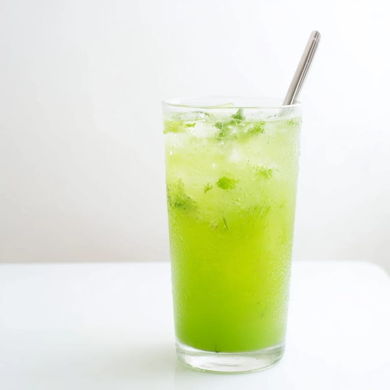 Close-up of a pitcher of Celery Ginger Lemon Juice next to fresh produce and a glass filled with ice.