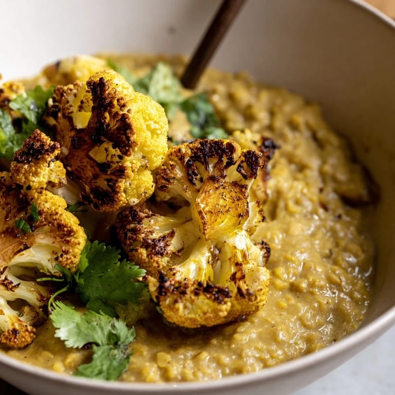 A steaming bowl of red lentil dhal, brimming with vibrant spices and topped with crispy cumin-roasted cauliflower.