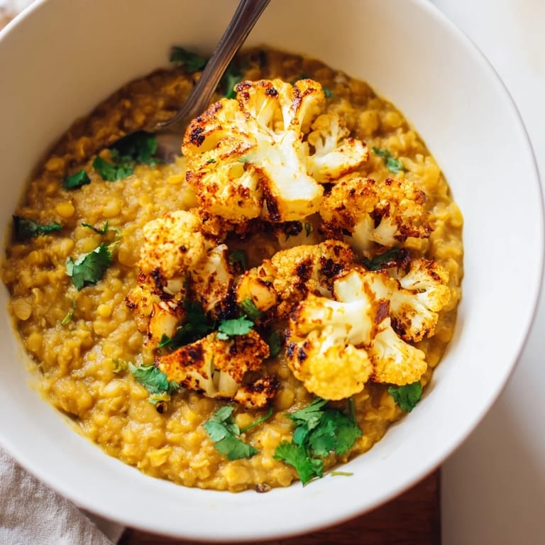 Tender lentils simmered in a rich coconut broth served with aromatic cumin-roasted cauliflower for a complete vegan meal.
