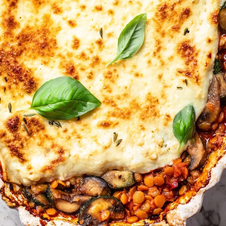 This vegetarian One-Pan Smoky Veggie Lentil Lasagne boasts golden, bubbling cheese on top, with a rich tomato and lentil filling.  
