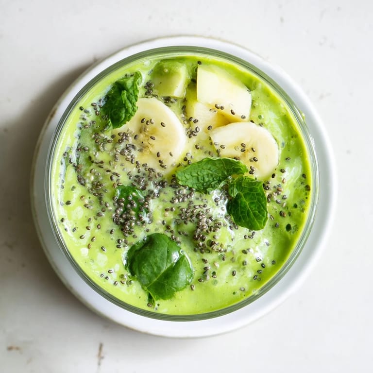 A frothy glass of green detox smoothie garnished with mint, ready to sip beside fresh lemon wedges and apple slices.  