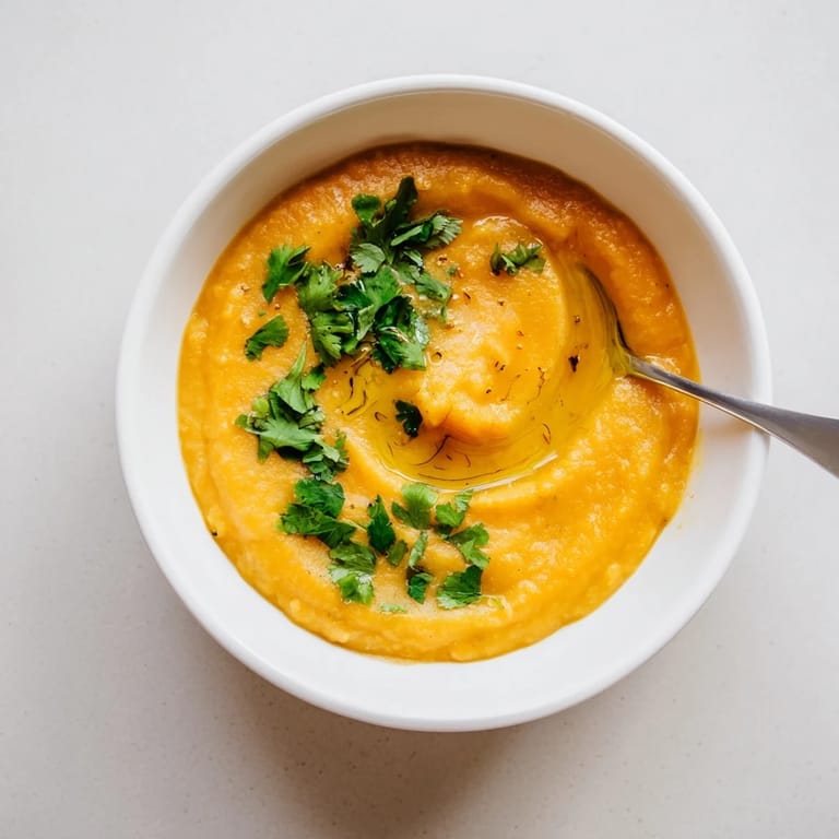 Serving suggestion for butternut squash and lentil soup paired with crusty gluten-free bread and a drizzle of olive oil.