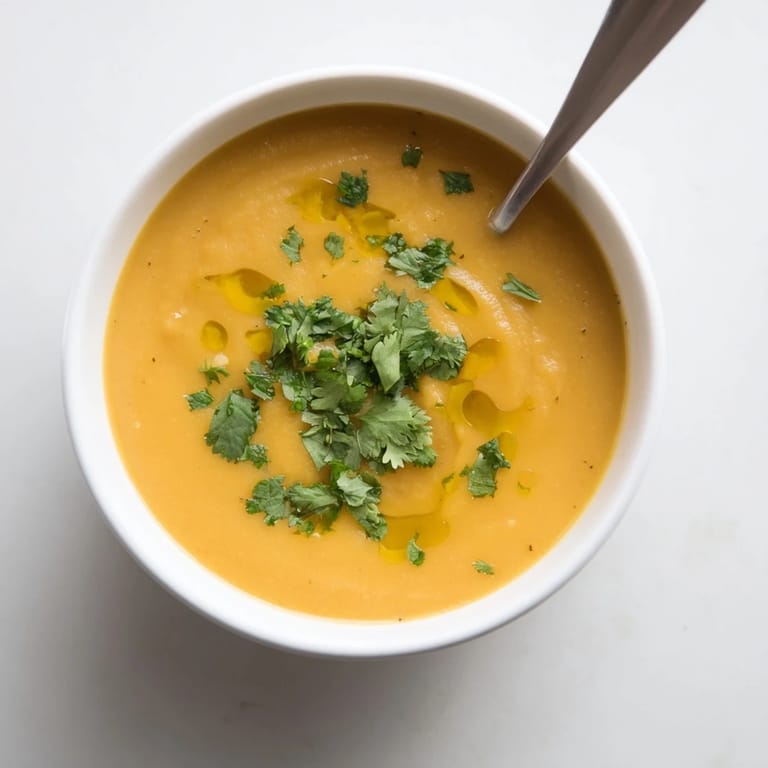 A bowl of vegan butternut squash and lentil soup with roasted squash cubes, carrots, and red lentils in creamy broth.  