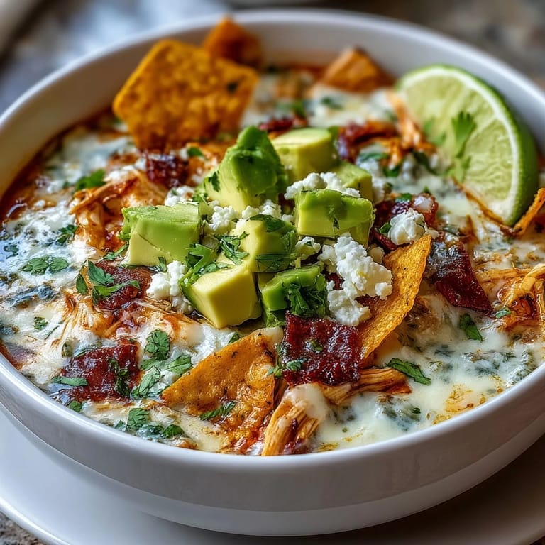 Ready-to-serve Creamy Chicken Tortilla Soup garnished with lime wedges and a drizzle of cream, perfect for dinner.