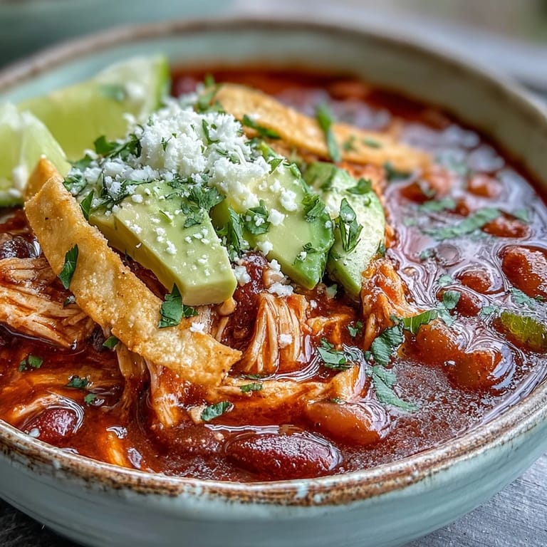 Close-up of Chicken Tortilla Soup topped with crispy golden tortilla strips and creamy avocado slices.