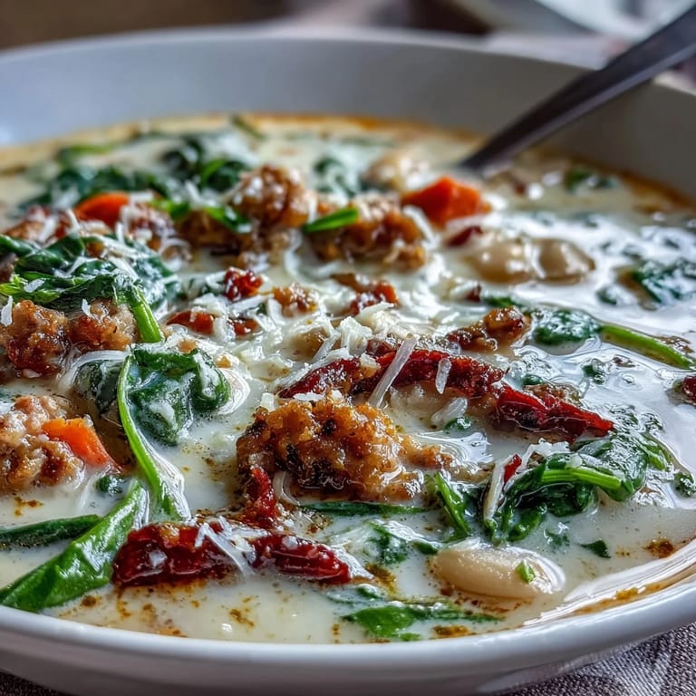 A close-up of Creamy Tuscan White Bean Soup with Sausage, featuring crumbled sausage and wilted spinach in a velvety broth.