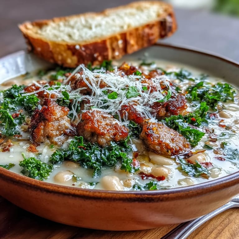 Warm Italian White Bean Soup with Kale and Sausage featuring vibrant greens, beans, and sausage in a cozy kitchen setting.