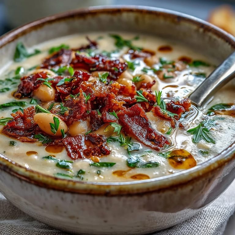 Spoon lifting a serving of Creamy Tuscan White Bean Soup, revealing smooth texture with white beans, pancetta, and sun-dried tomato flecks.