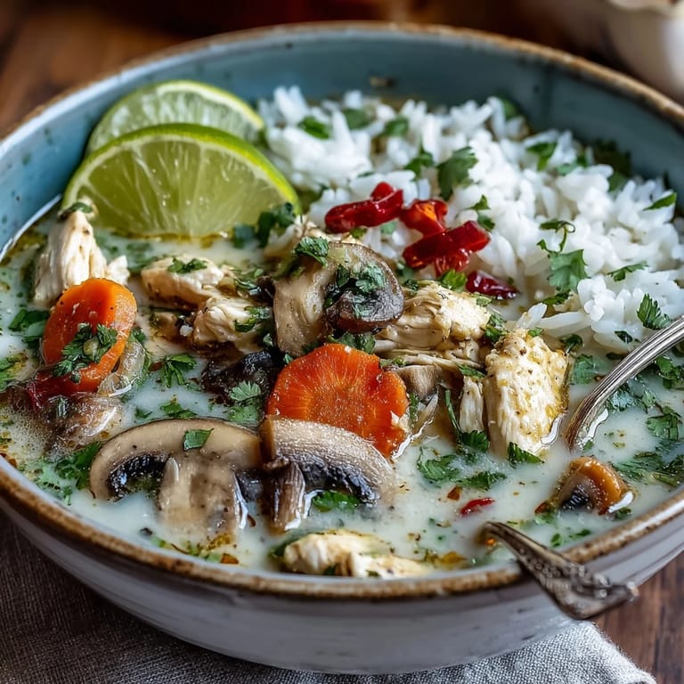 Hearty Thai Coconut Curry Soup with carrots and fresh cilantro, served with lime wedges for a zesty finish.