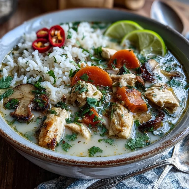 Aromatic Thai Coconut Curry Soup simmering in a pot, featuring red curry paste, coconut milk, and fresh herbs.