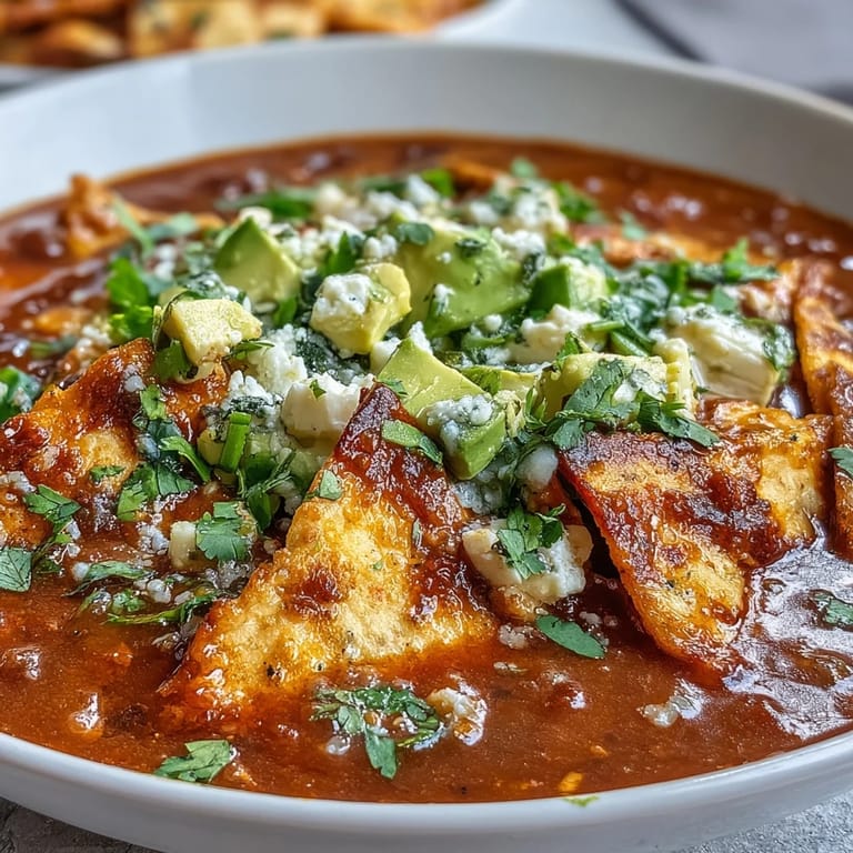 Close-up of Sopa Azteca showing a ladle pouring smoky tomato-chile broth over tortilla strips and crumbled panela cheese.