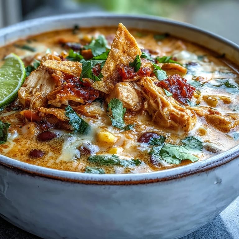 Hearty Easy Chicken Tortilla Soup with vibrant tomatoes and corn, a ladle ready to pour, perfect for a cozy dinner.