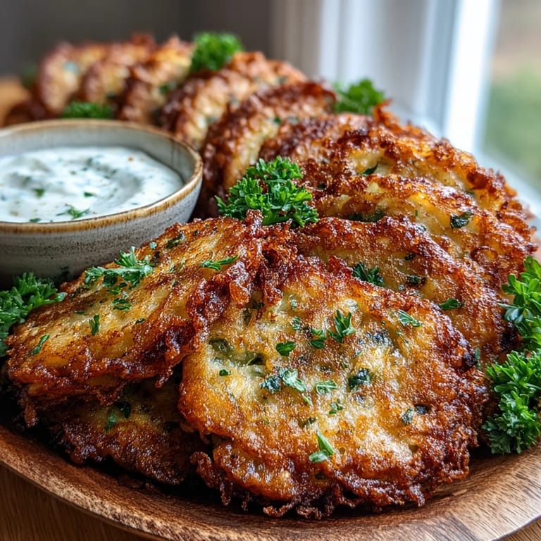 Freshly fried Cabbage Fritters With Dipping Sauce rest on a white plate, garnished with chopped parsley. A creamy dip sits alongside these savory bites, highlighting the contrast between the crunchy crust and soft interior.