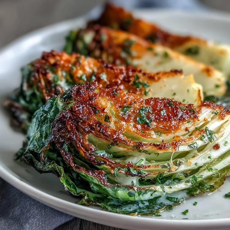 Eight tender cabbage wedges roasted to perfection with garlic oil and Parmesan, served alongside grilled chicken for a complete meal.
