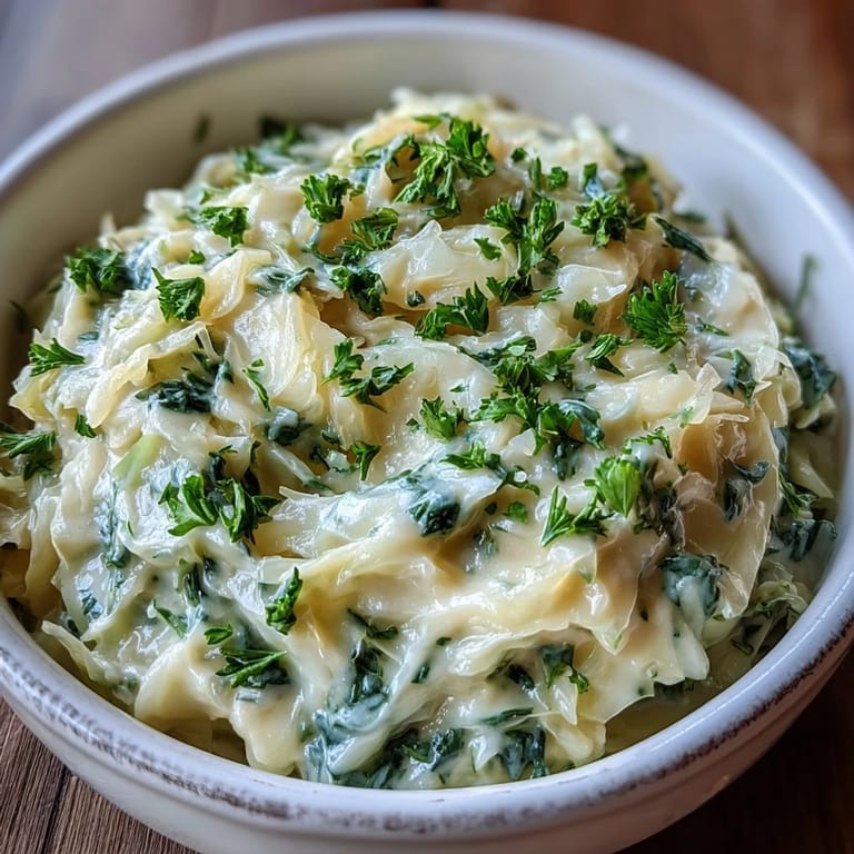 Creamed Cabbage garnished with fresh parsley, ready to serve alongside roast chicken.