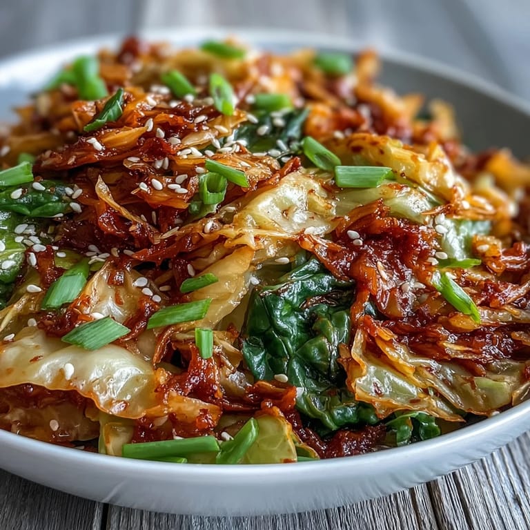 Vibrant bowl of Hot and Sour Cabbage, garnished with fresh scallions and toasted sesame seeds, ready for a spicy meal.  