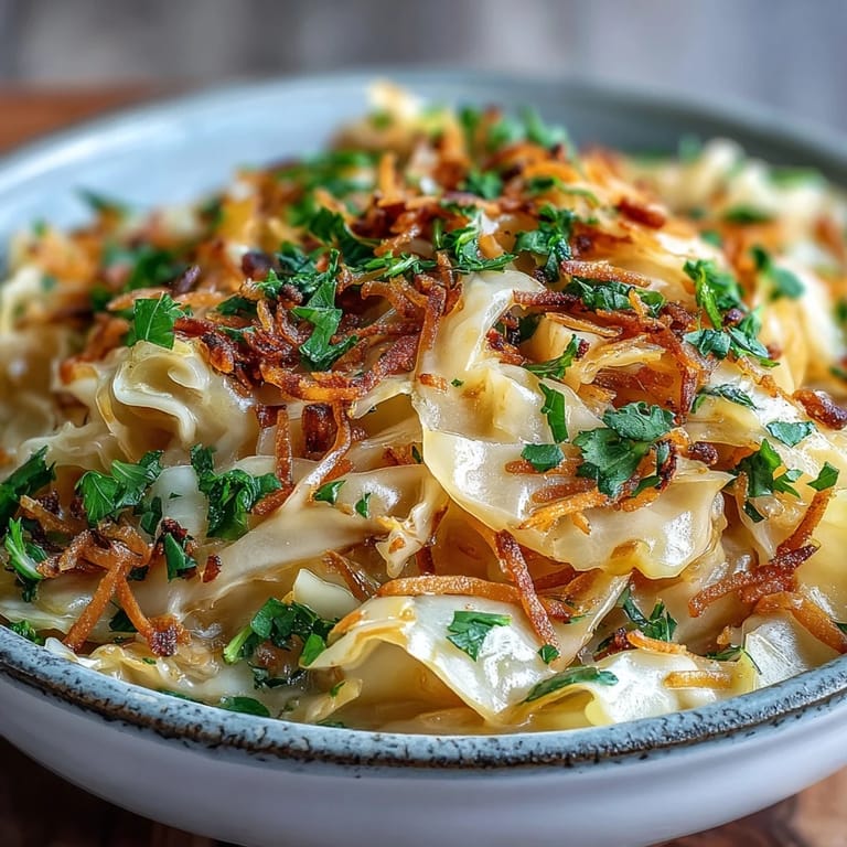Tender cabbage ribbons glistening in creamy coconut braise, sprinkled with chili flakes and herbs on a wooden table.