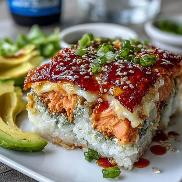 Ready-to-serve Spicy Salmon Sushi Bake topped with sliced avocado and sesame seeds, presented in a white ceramic dish for a family-style dinner.