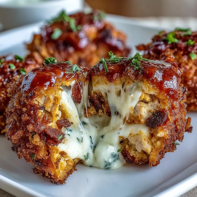 Fried Buffalo Chicken Bacon Mozzarella Bombs with a crunchy panko crust, drizzled in spicy buffalo sauce. 