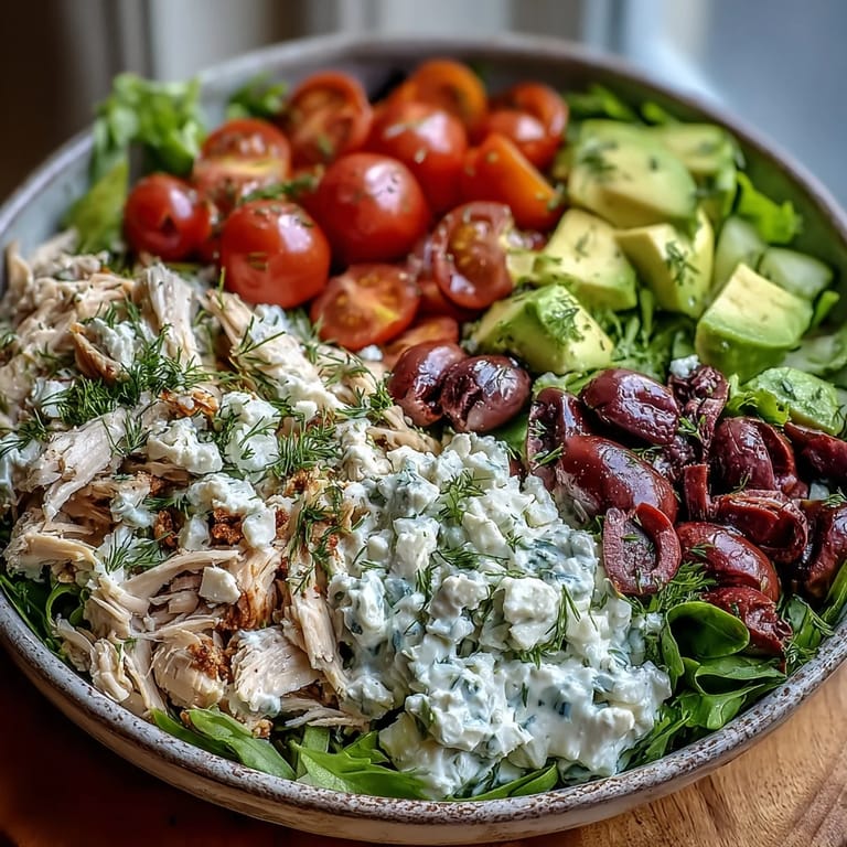 Serving suggestion for Tzatziki Chicken Salad topped with feta, olives, and fresh dill on a chilled plate.