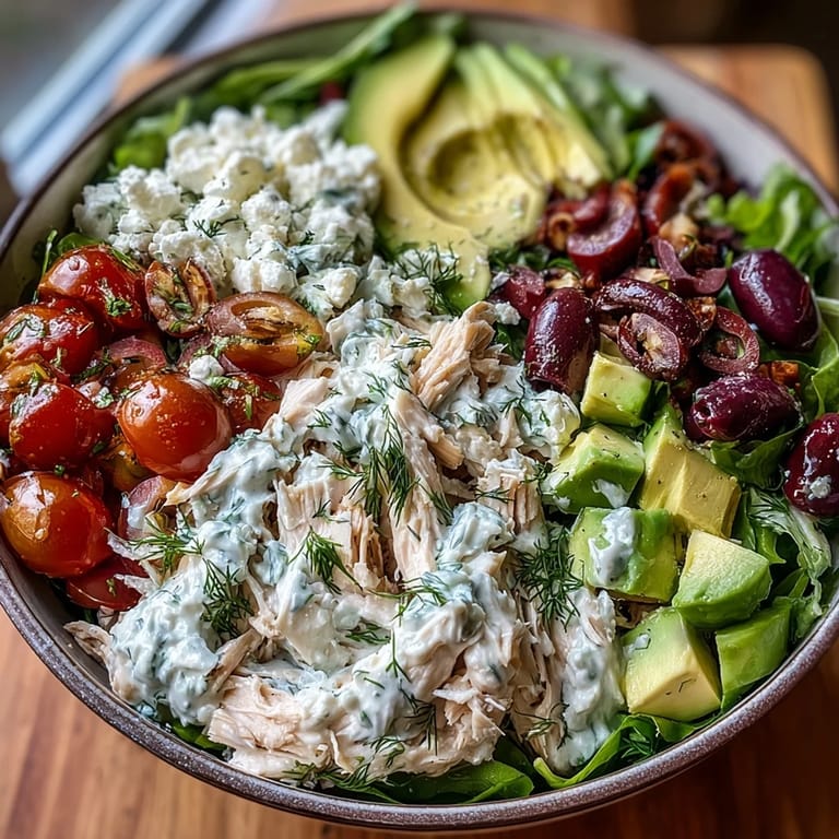 Close-up on Tzatziki Chicken Salad showing tender rotisserie chicken tossed with Greek yogurt, cucumbers, and bright lemon zest.