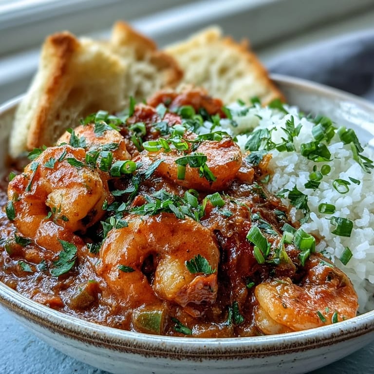 Steaming Classic New Orleans Étouffée in a rustic bowl, featuring plump shrimp in a rich dark roux sauce.