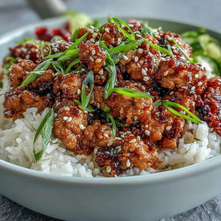 Savory Korean-Style Ground Turkey served steaming in a bowl over fluffy white rice with chives.