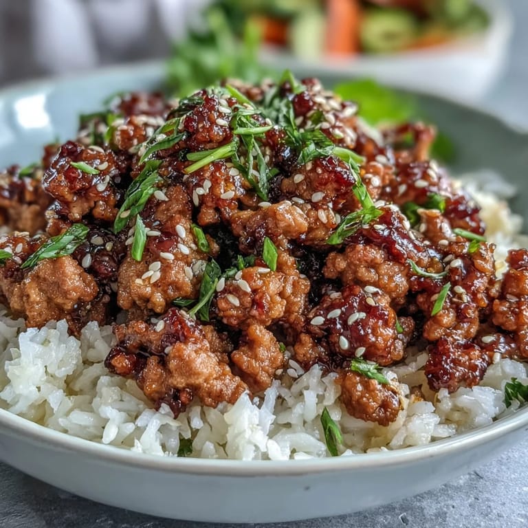 Quick weeknight Korean-Style Ground Turkey topped with toasted sesame seeds and fresh chives, ready to eat.