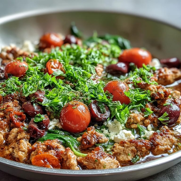 Golden Mediterranean Keto Ground Chicken Skillet topped with feta and spinach, with lemon wedges ready for squeezing.