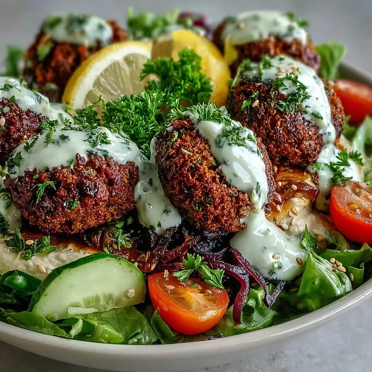 A finished Falafel Bowl with hummus, tzatziki, and fresh vegetables, drizzled with tahini. 