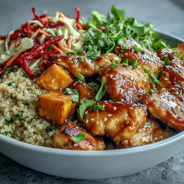 A colorful Hot Honey Chicken Bowl with golden sweet potatoes, crunchy cabbage slaw, and fluffy quinoa, drizzled with tangy hot honey mustard dressing.