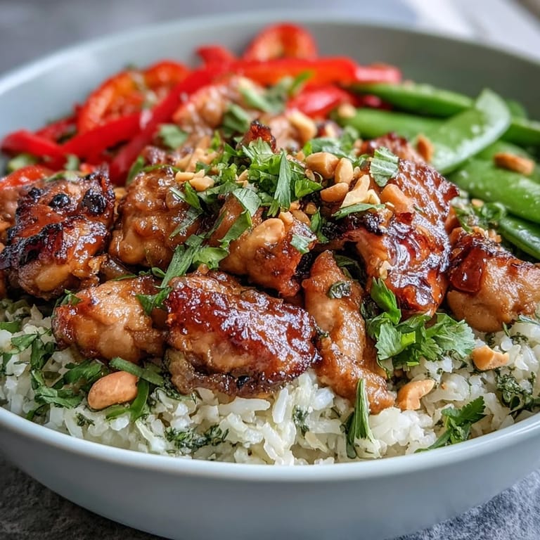 Delicious Thai Chicken Coconut Bowl featuring juicy chicken, colorful bell peppers, and snap peas in a savory-sweet sauce.