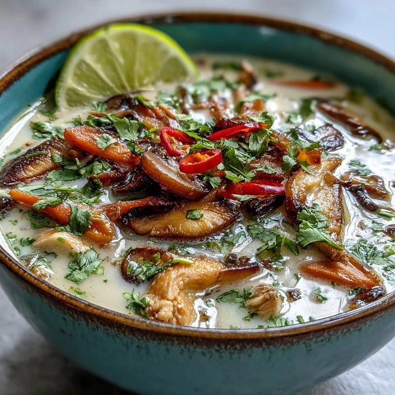 A comforting bowl of Thai Coconut Curry Soup with tender chicken, mushrooms, and vibrant red bell pepper simmering in coconut milk.