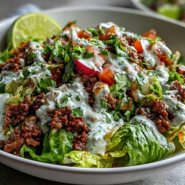 This delicious gluten-free Healthy Taco Bowl features bold seasoned beef, fresh veggies, and a creamy lime yogurt drizzle ready to serve.