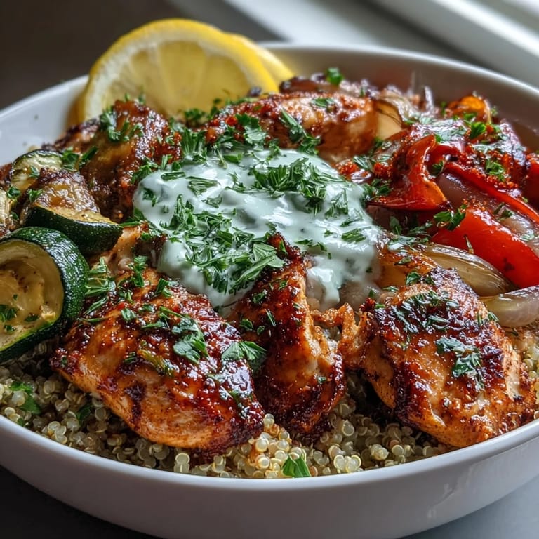A close-up of paprika herb chicken and colorful roasted vegetables over fluffy quinoa, drizzled with rose harissa and yogurt.