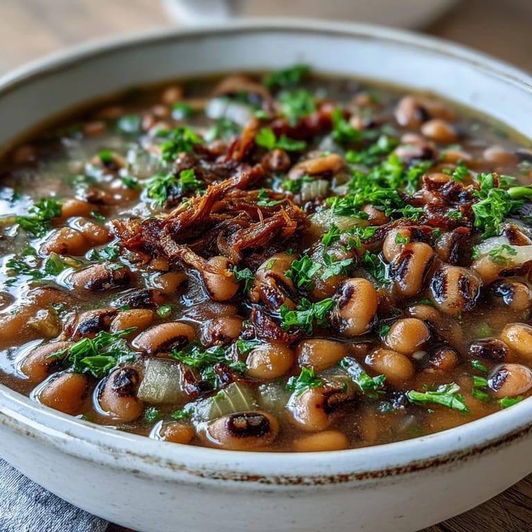 Savory Classic New Years Black-Eyed Peas in a Dutch oven, showcasing tender legumes and shredded pork, ready for a lucky New Year's feast.