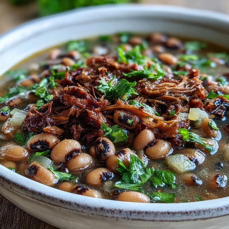 Steaming bowl of Classic New Years Black-Eyed Peas topped with fresh parsley, paired with fluffy white rice and a wedge of cornbread.