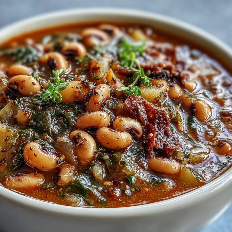 A spoon scooping up hearty Black-Eyed Pea Stew, revealing a rich vegetable broth and colorful medley of veggies.