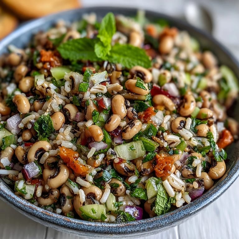 Colorful Southern Black Eyed Pea Salad featuring brown rice, fresh herbs, and a glistening zesty vinaigrette.