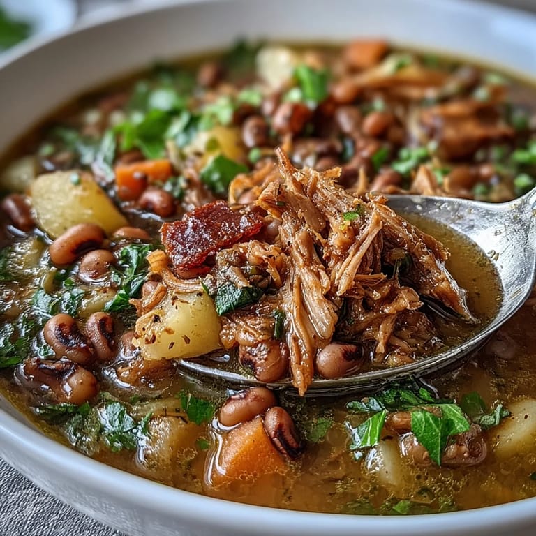 Rich Black-Eyed Pea Stew with Smoked Ham Hocks is ladled into a rustic bowl, steam rising from the savory, tomato-based broth.