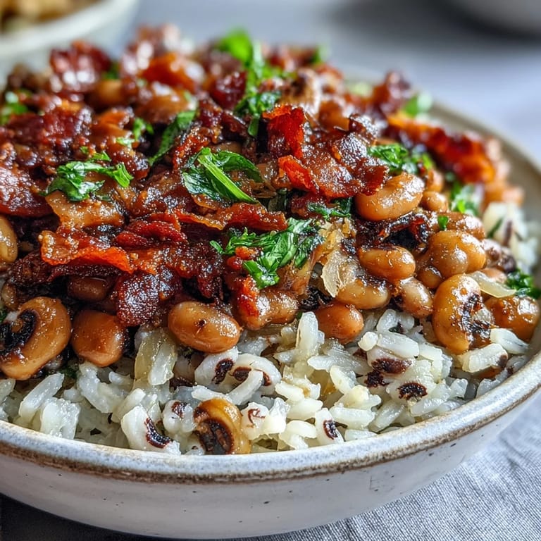 A comforting bowl of Hoppin John, a traditional Southern black-eyed pea dish served over white rice and topped with crispy bacon and hot sauce.