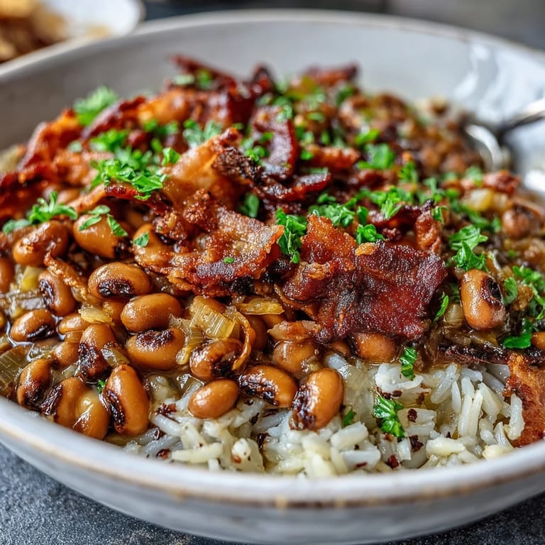 An inviting serving of Hoppin John, showcasing black-eyed peas simmered with onions and celery, plated with rice and ready to eat.