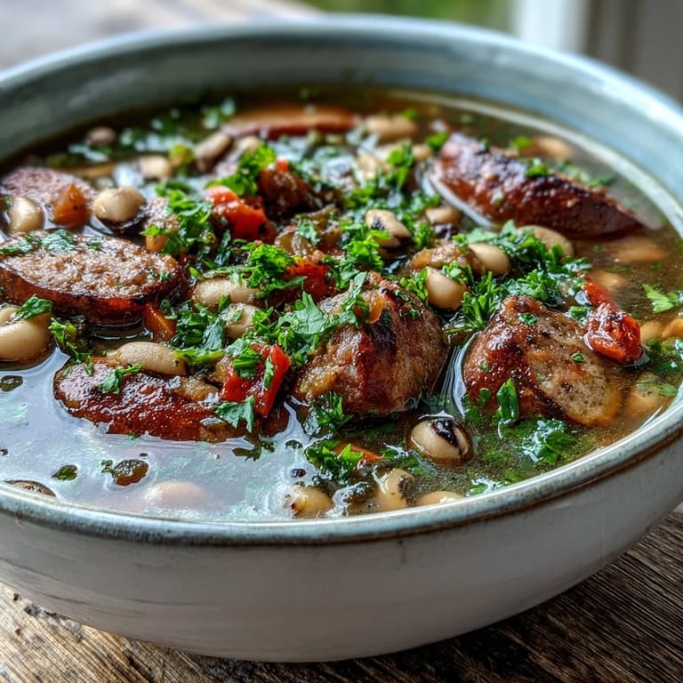 Steaming pot of homemade Black-Eyed Peas and Sausage Soup simmering with colorful vegetables in a rustic kitchen.